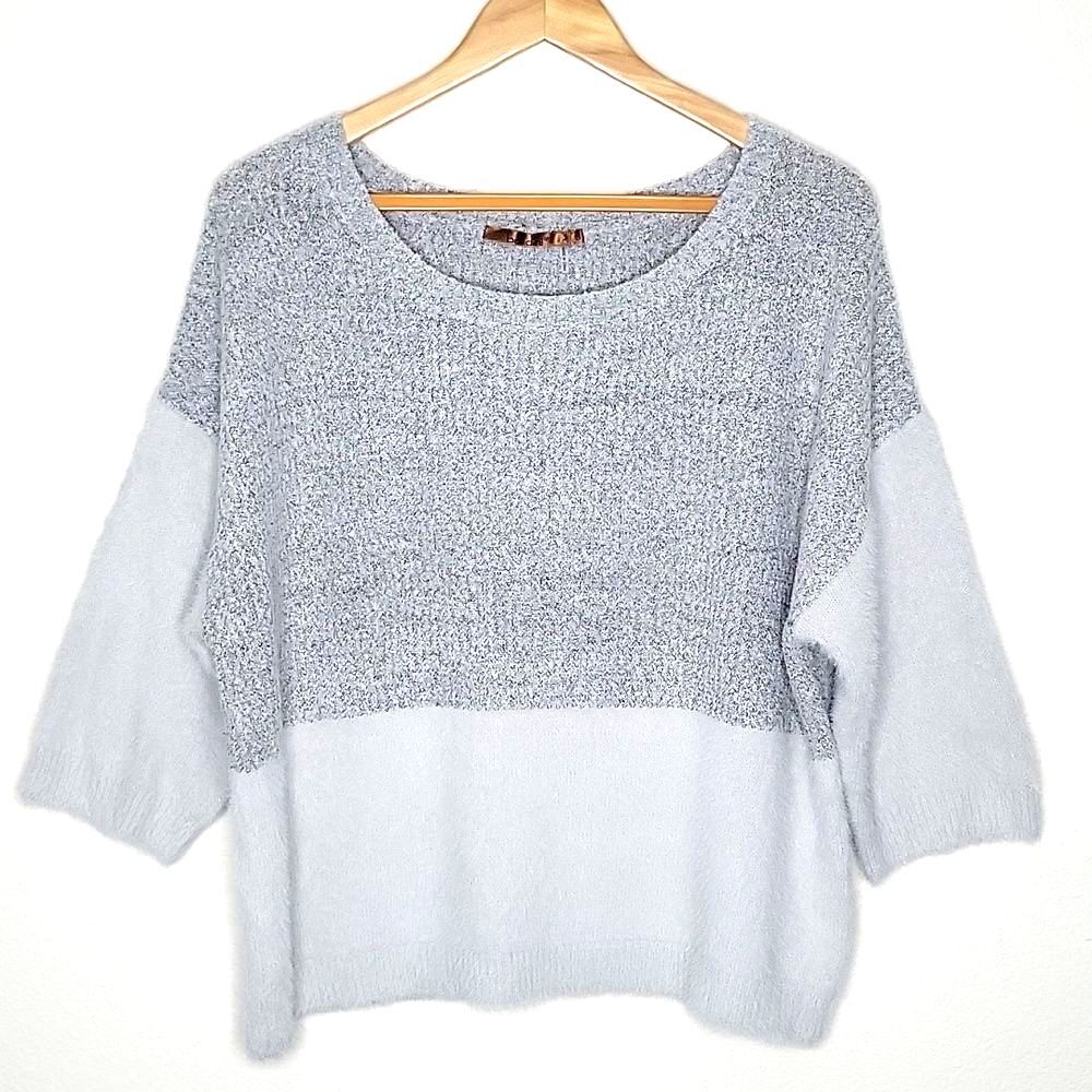 BELLDINI Gray Fuzzy Boxy Contrast Knit 3/4 Sleeve Sweater size S Two Toned